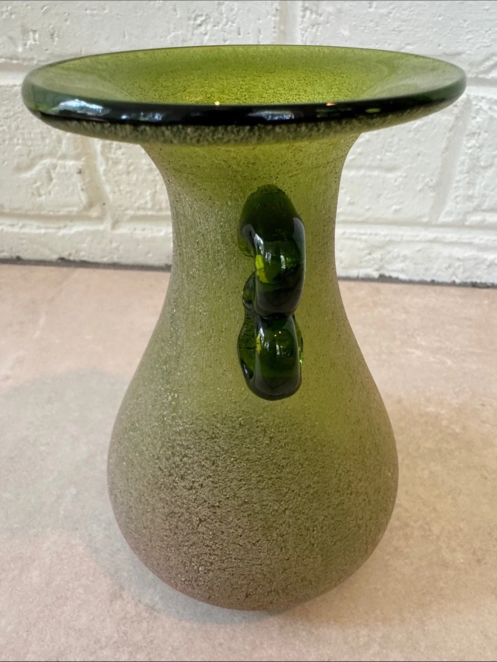 Green Art Glass Textured w/ Applied Handles Vase 5.75